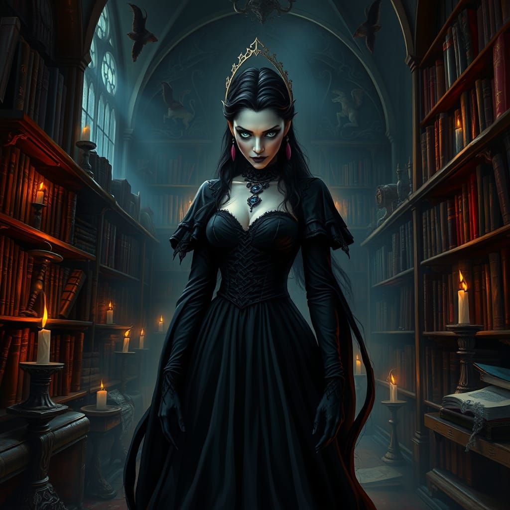 Gothic Vampire Queen in an Ancient Library