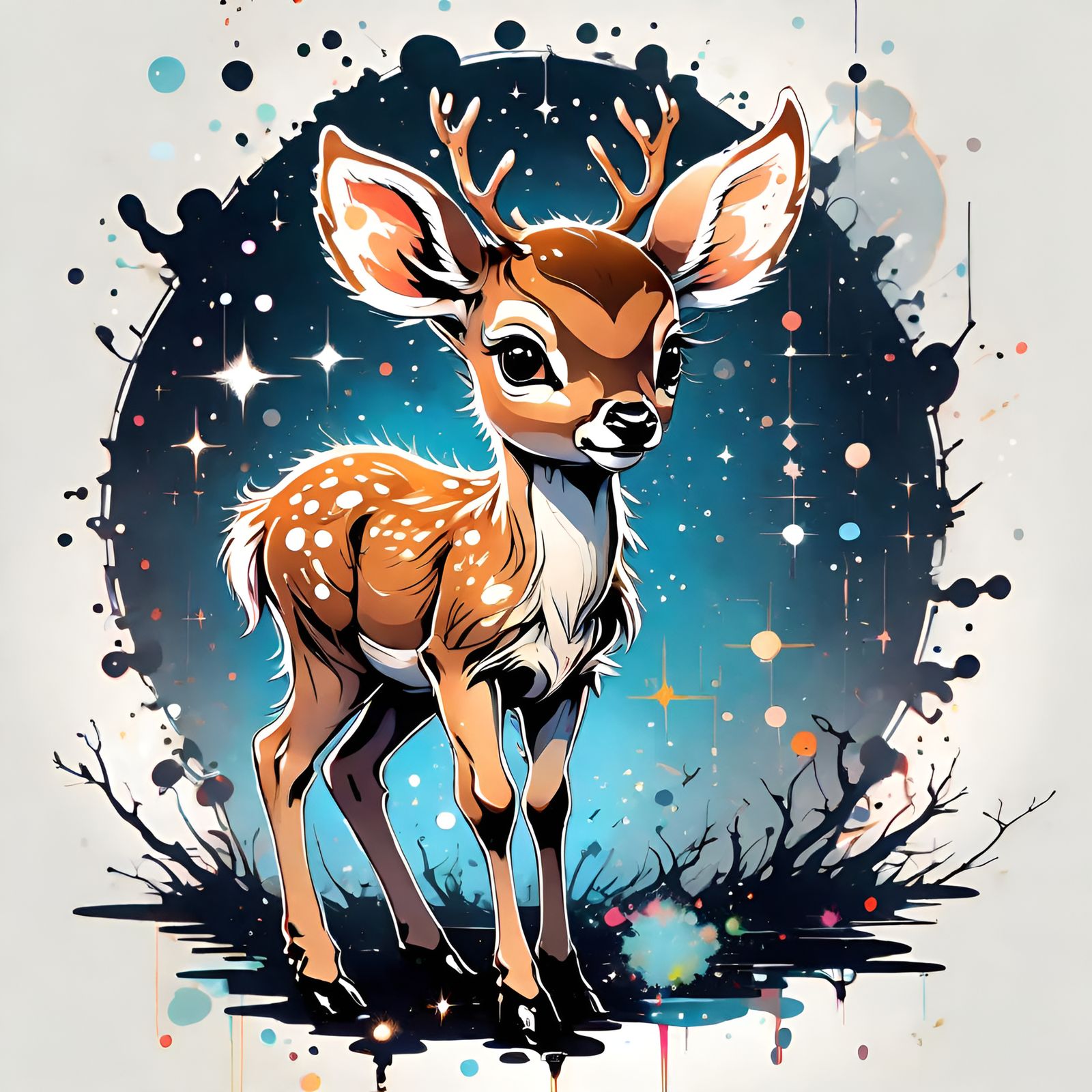 Constellation Baby Deer in Ink Splatter Style