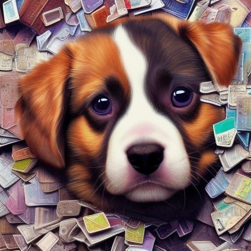 Puppy Portrait in Stamps, Hyperdetailed Concept Art