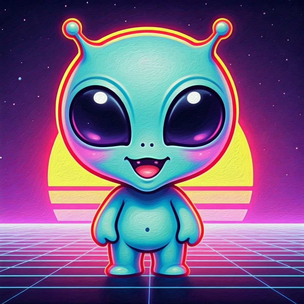 Chibi Alien Smiles in Synthwave Crayon Sunset