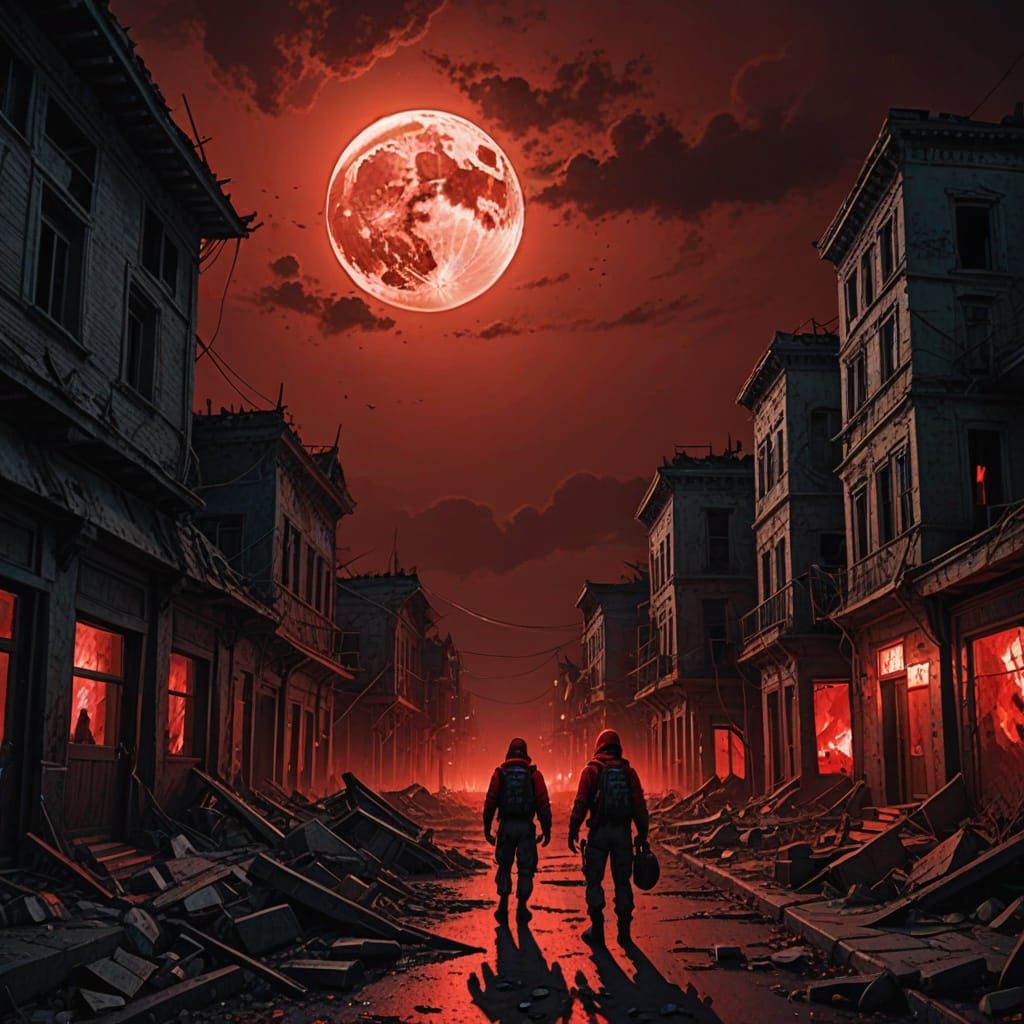 Menacing Presence in Abandoned City Under Blood Moon