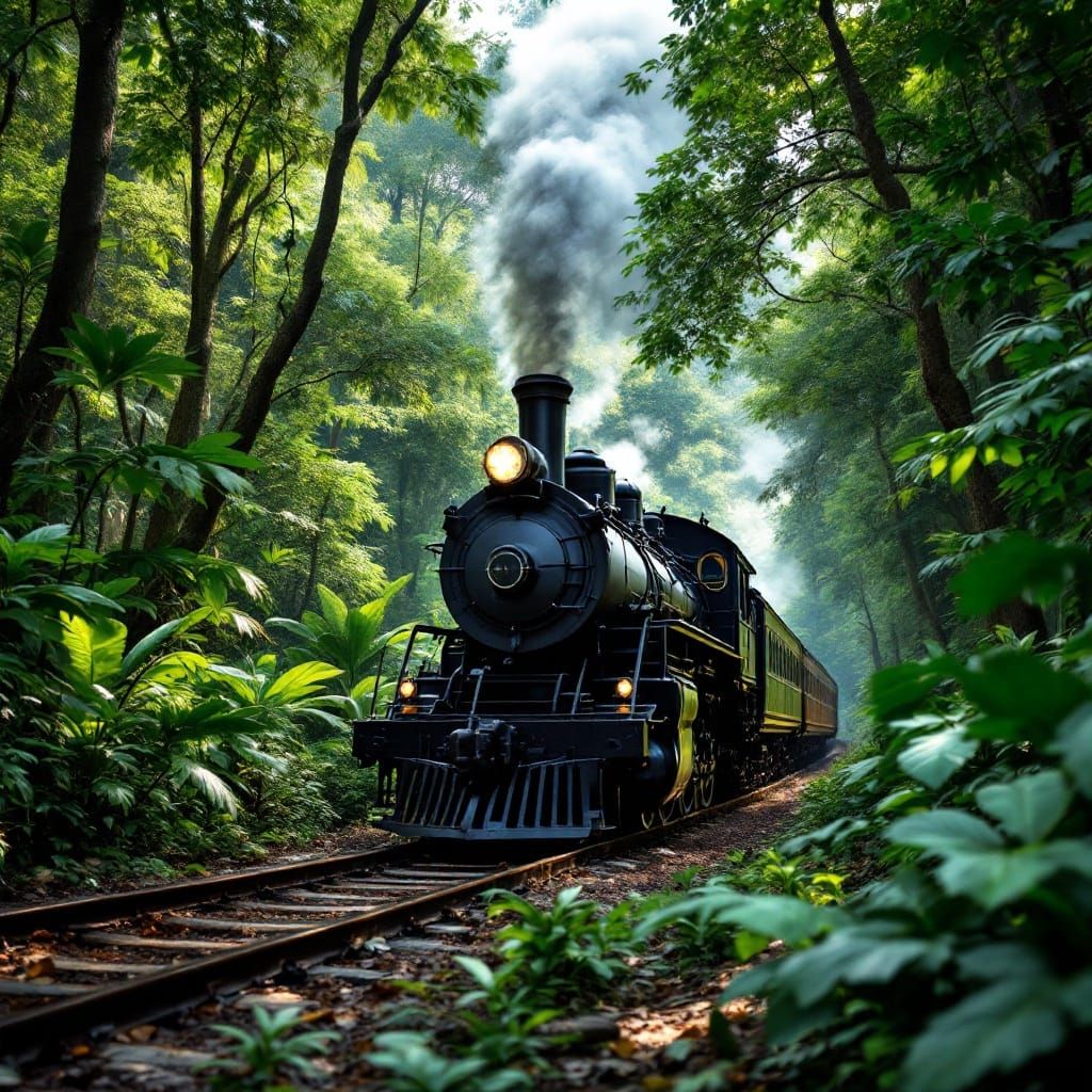 Vintage Black Steam Locomotive Chugs Through Tropical Paradi...