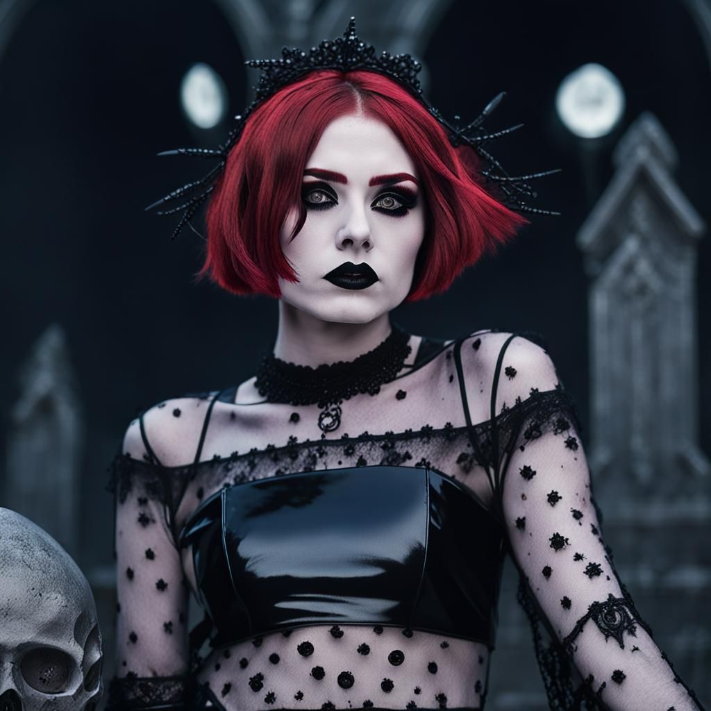 Red-Haired Goth in Graveyard: Hyperrealistic Close-Up
