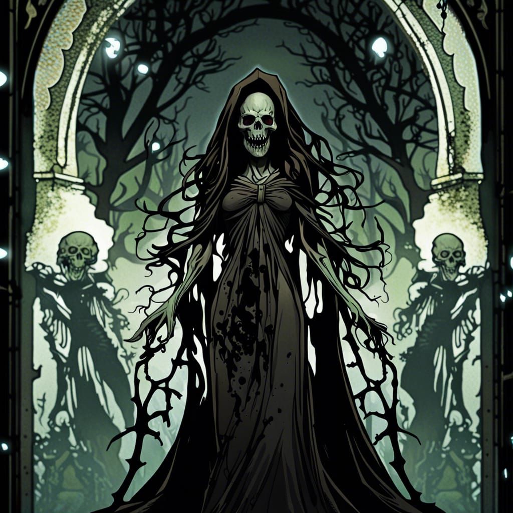 Undead Rising in Dark Cemetery, Alphonse Mucha Comic