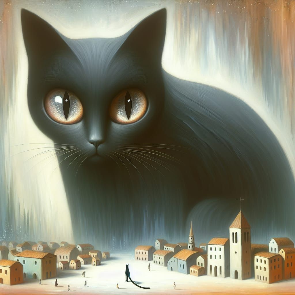 Enormous Feline Dominates Miniature Cityscape in Surreal Pai...