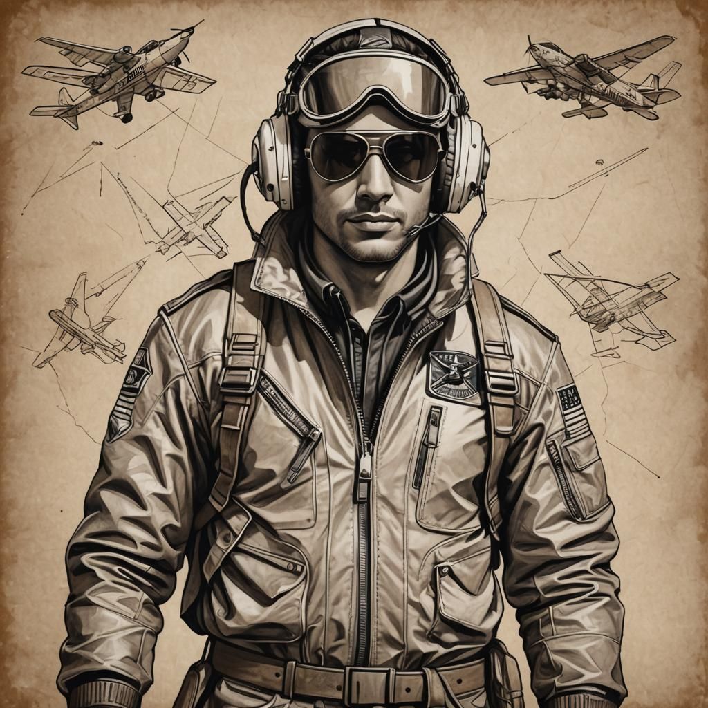 Monochrome Aviator Sketch with Crosshatch Details