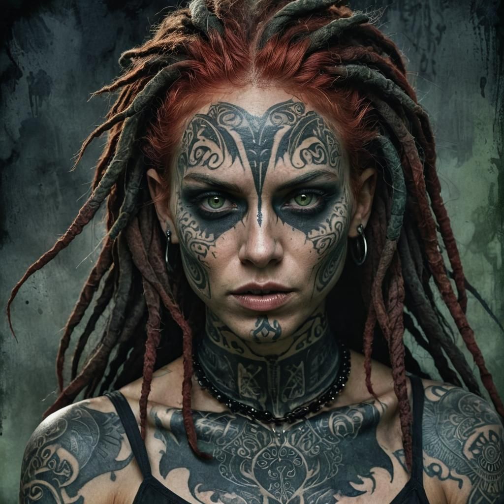 Dark Fantasy Woman with Red Dreadlocks and Tattoos