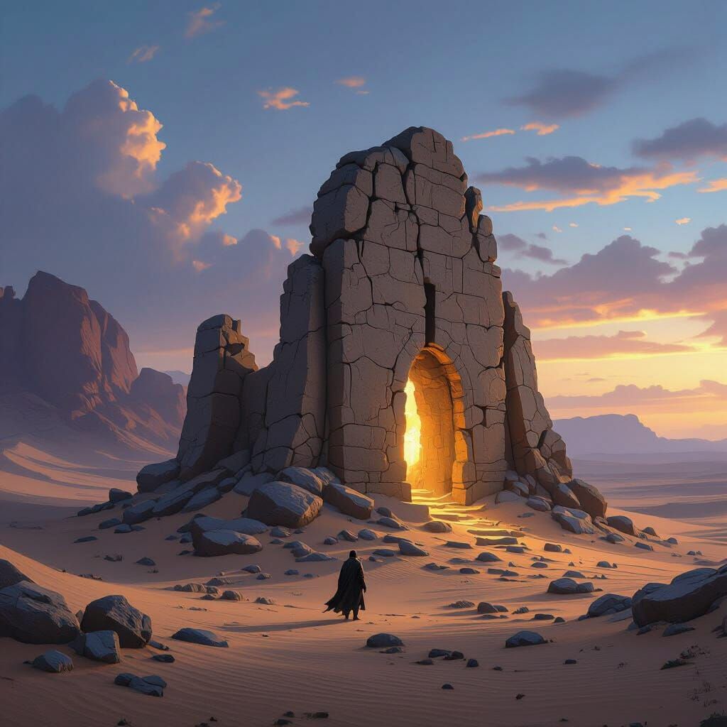 Ancient Desert Ruin in Twilight Sky