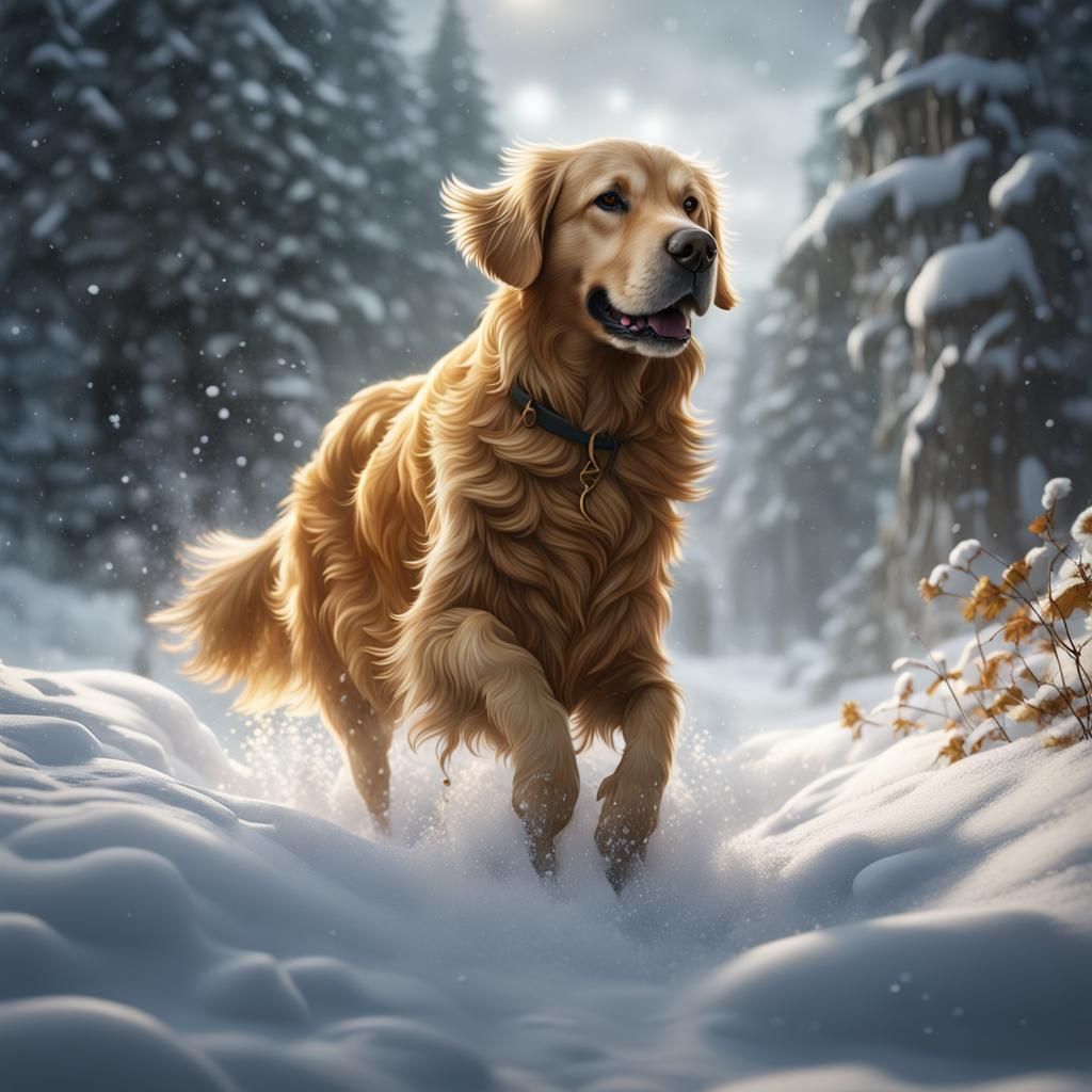 Golden Retriever in Snow: Detailed Matte Painting