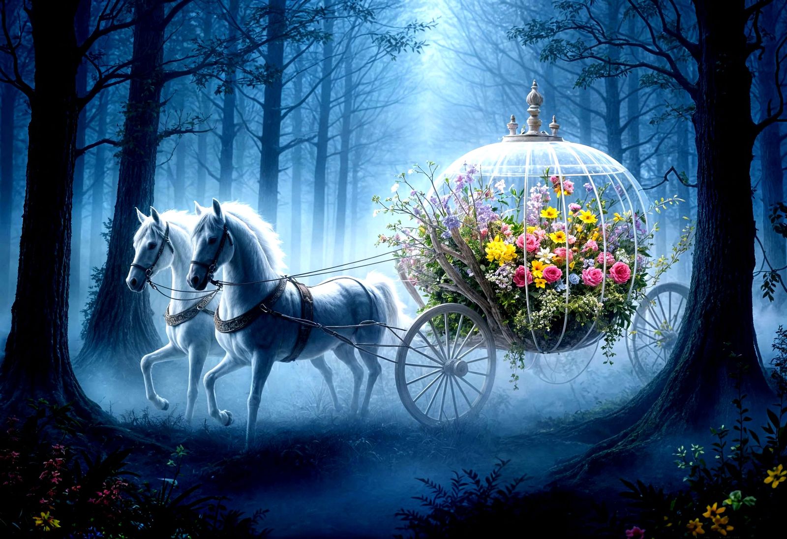 Bioluminescent Crystal Carriage Drawn by Smoke Horses in Fog...