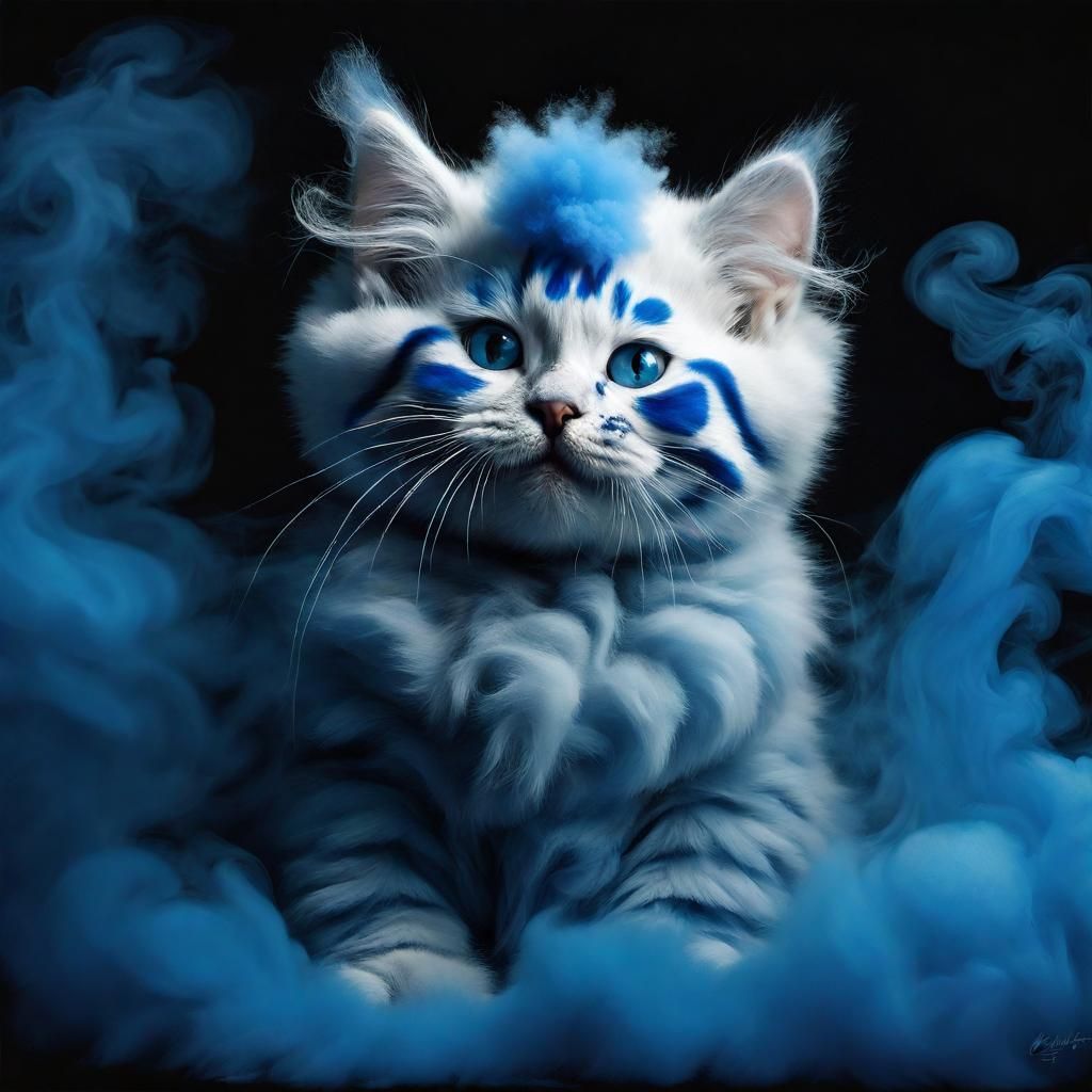 Blue Kitten Portrait with Rising Smoke