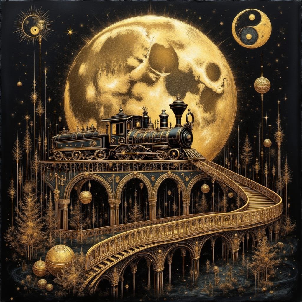 Golden Locomotive on Moonlit Bridge: Dreamy Digital Art