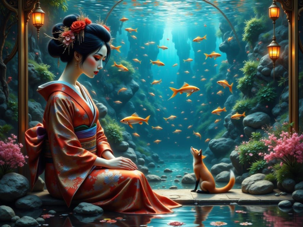 Geisha Admiring Fish and Foxes in Vibrant Kimono