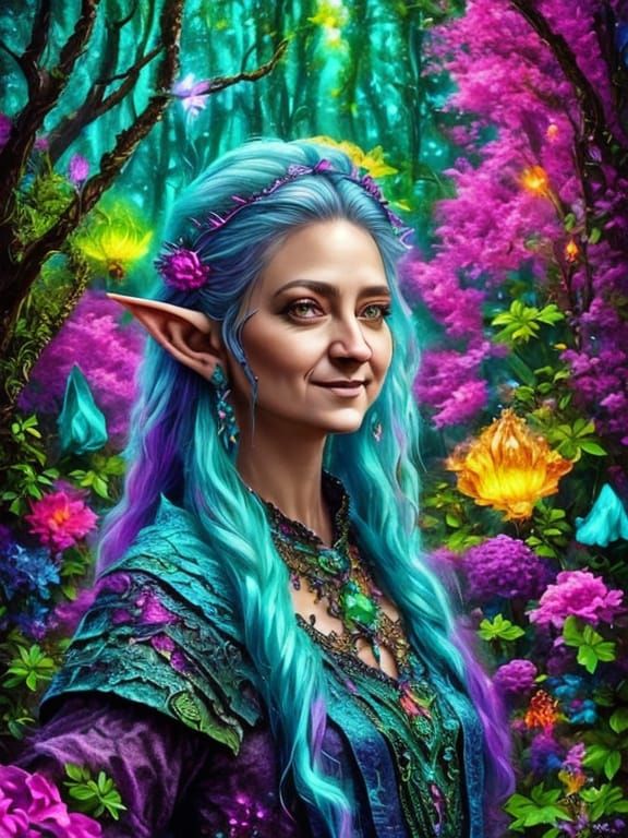 Elf in Neon Forest Landscape Painting