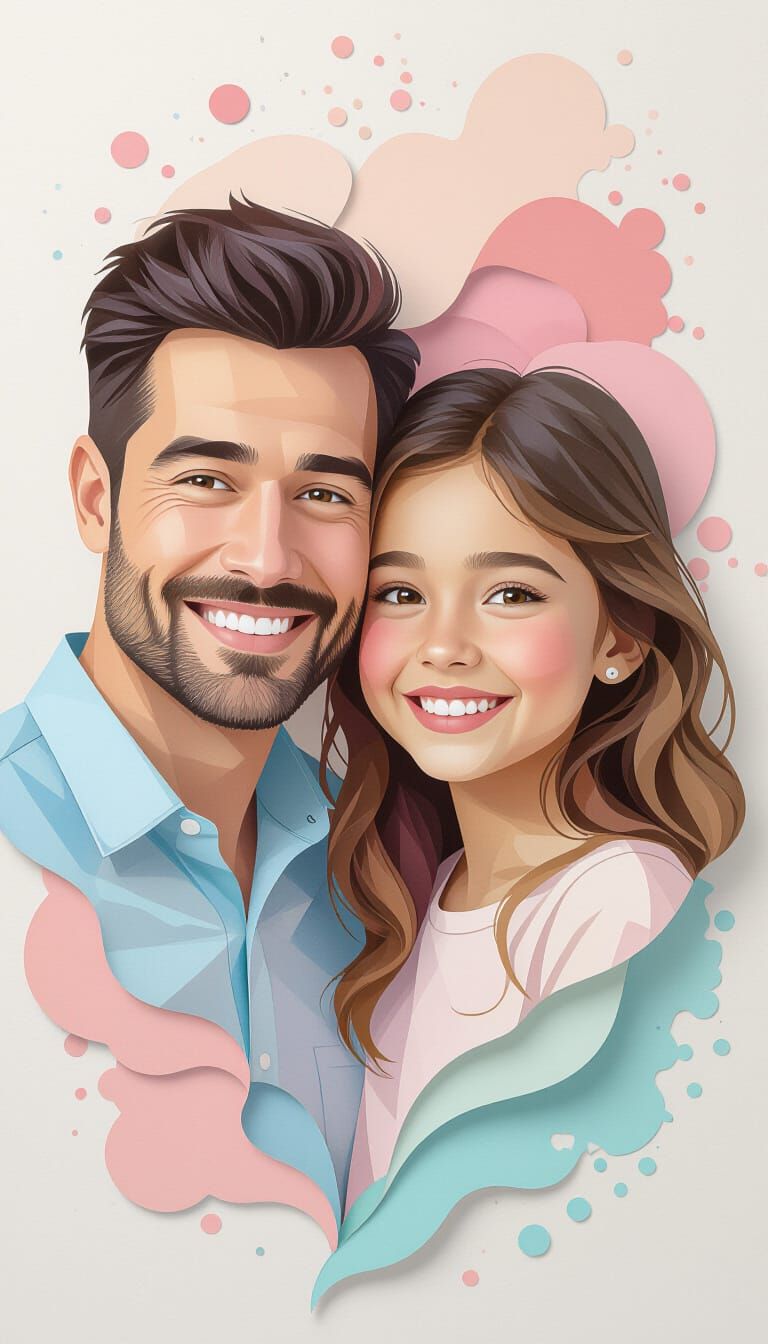 Joyful Father-Daughter Portrait in Paper Cut Collage Style