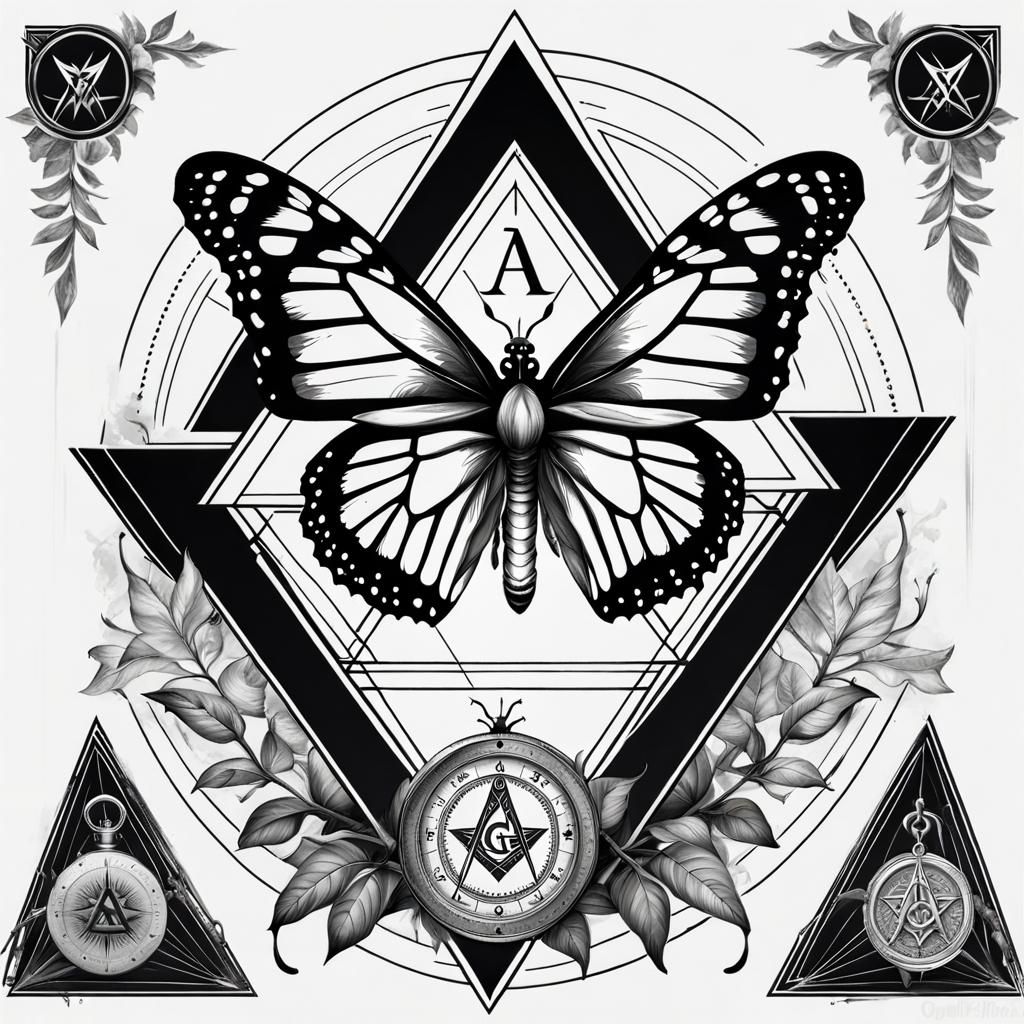 a monarch butterfly with a Freemason compass and a triangle, tarot card design, in the style of ross tran, black and whi...