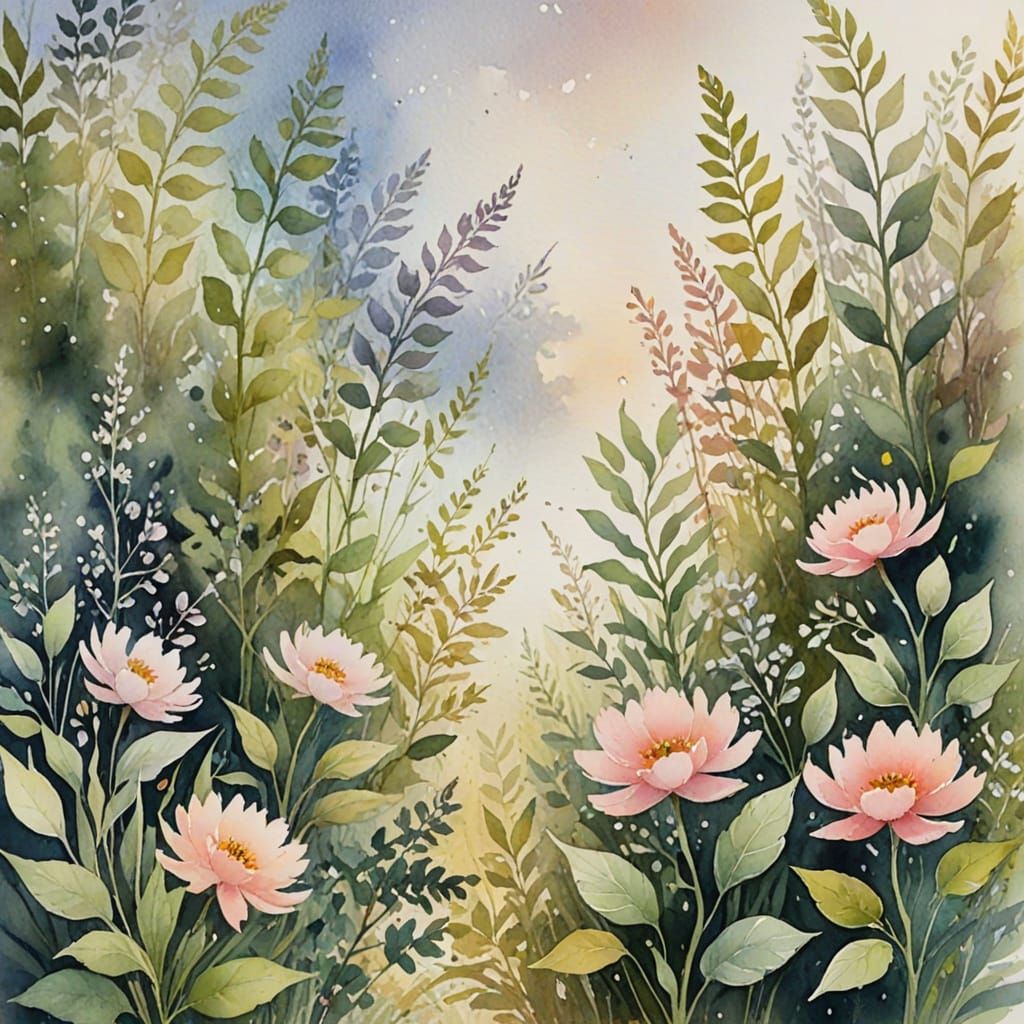 Whimsical Watercolor Painting of Nature Overgrowth