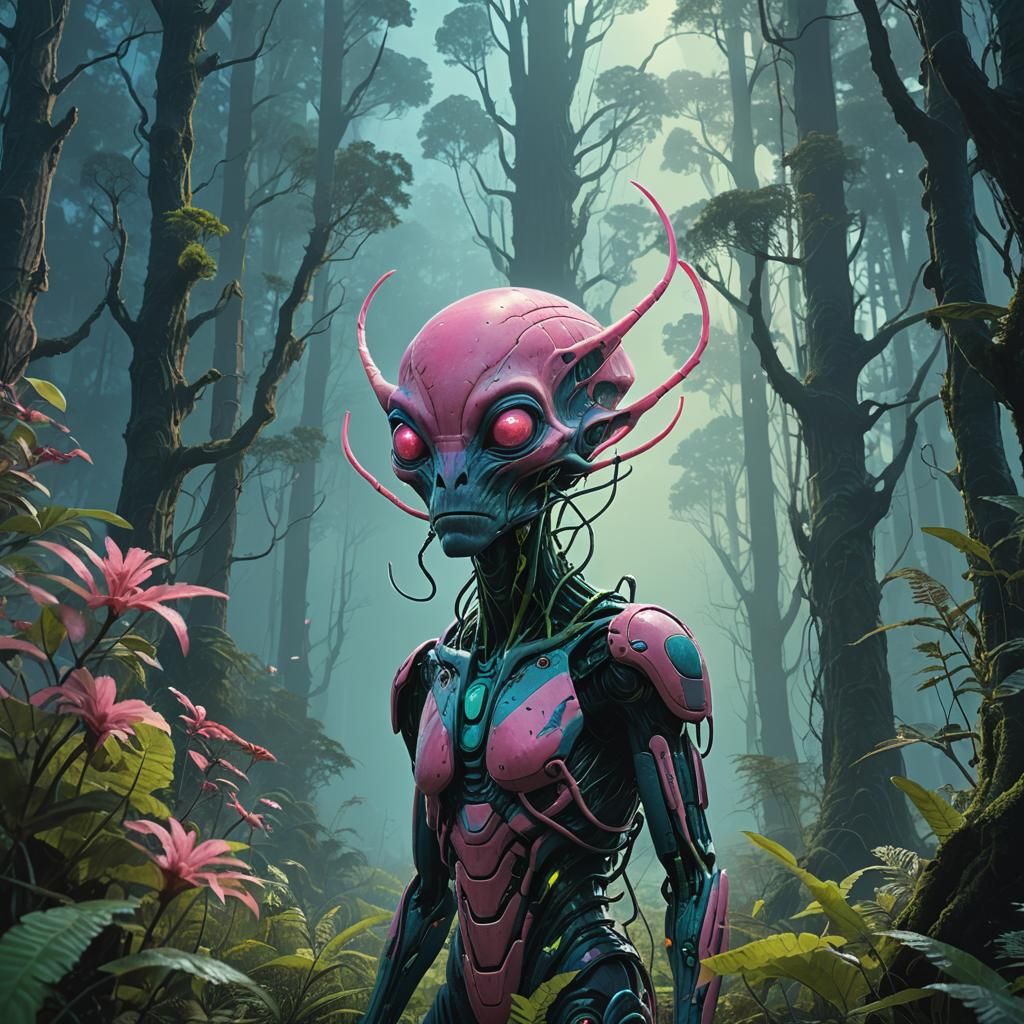 Pink Alien in Bioluminescent Forest: Digital Matte Painting
