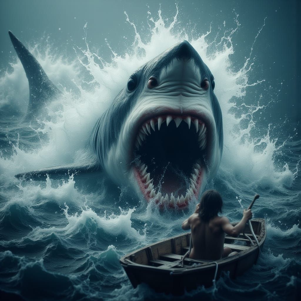 Great White Shark Attack in Surreal Horror Style
