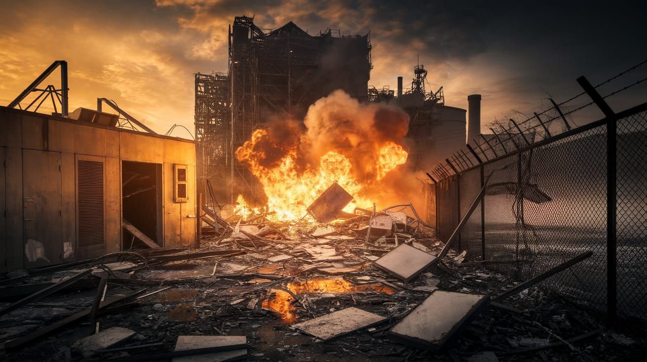 Shattered Laboratory Amidst Fiery Ruins in a Golden Hued Dis...