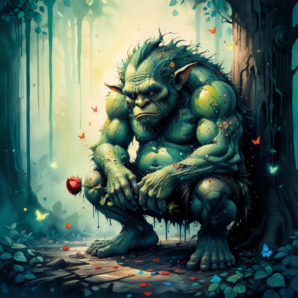 Sorrowful Troll in Magical Forest, Watercolor Art