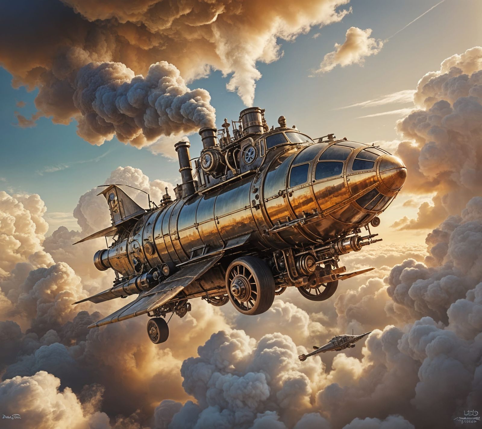 Steampunk Air Car Soaring Through Clouds