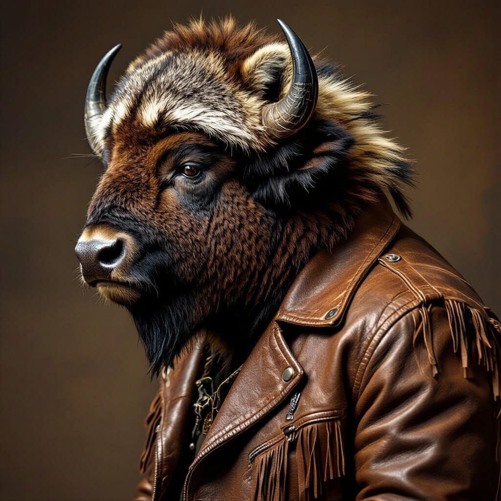 Buffalo in Leather Jacket and Raccoon Cap
