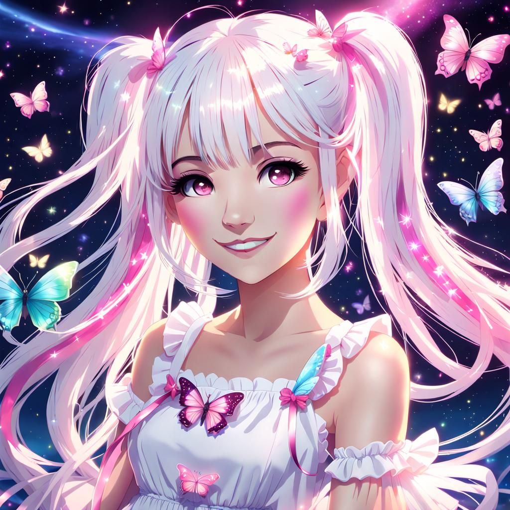 "anime style Pretty girl age 20 with white hair with bangs and long pigtails and light skin and pink eyes and wearing wh...