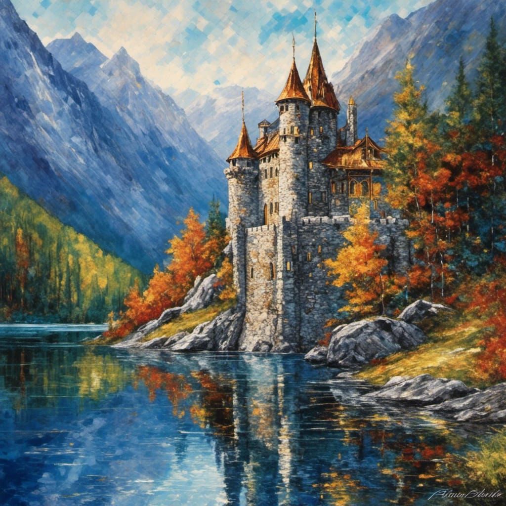 Stone Castle on Blue Mountain Lake in Collage Style