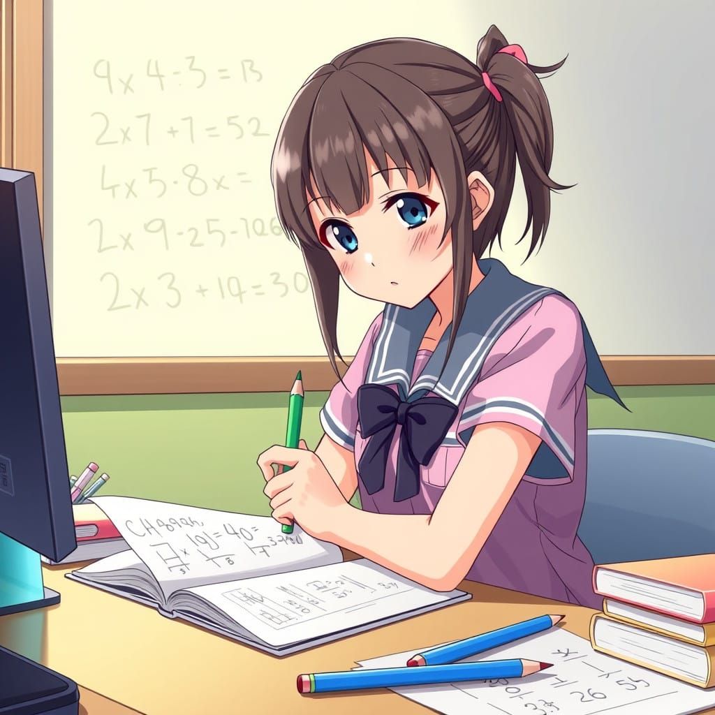 Anime Schoolgirl Studies Math in Vibrant Cel-Shaded Style