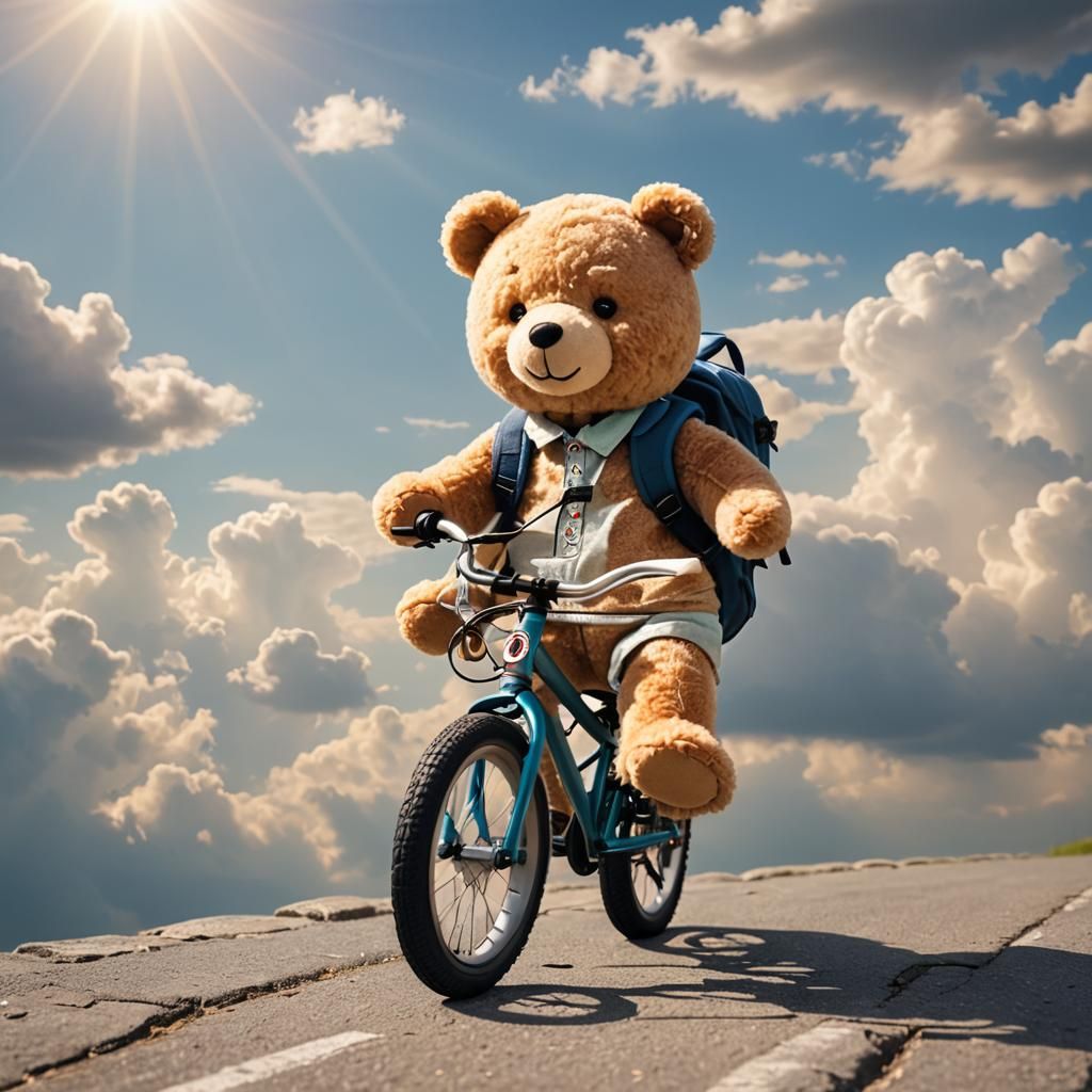 Teddy Bear on Bicycle in Divine Sunshine