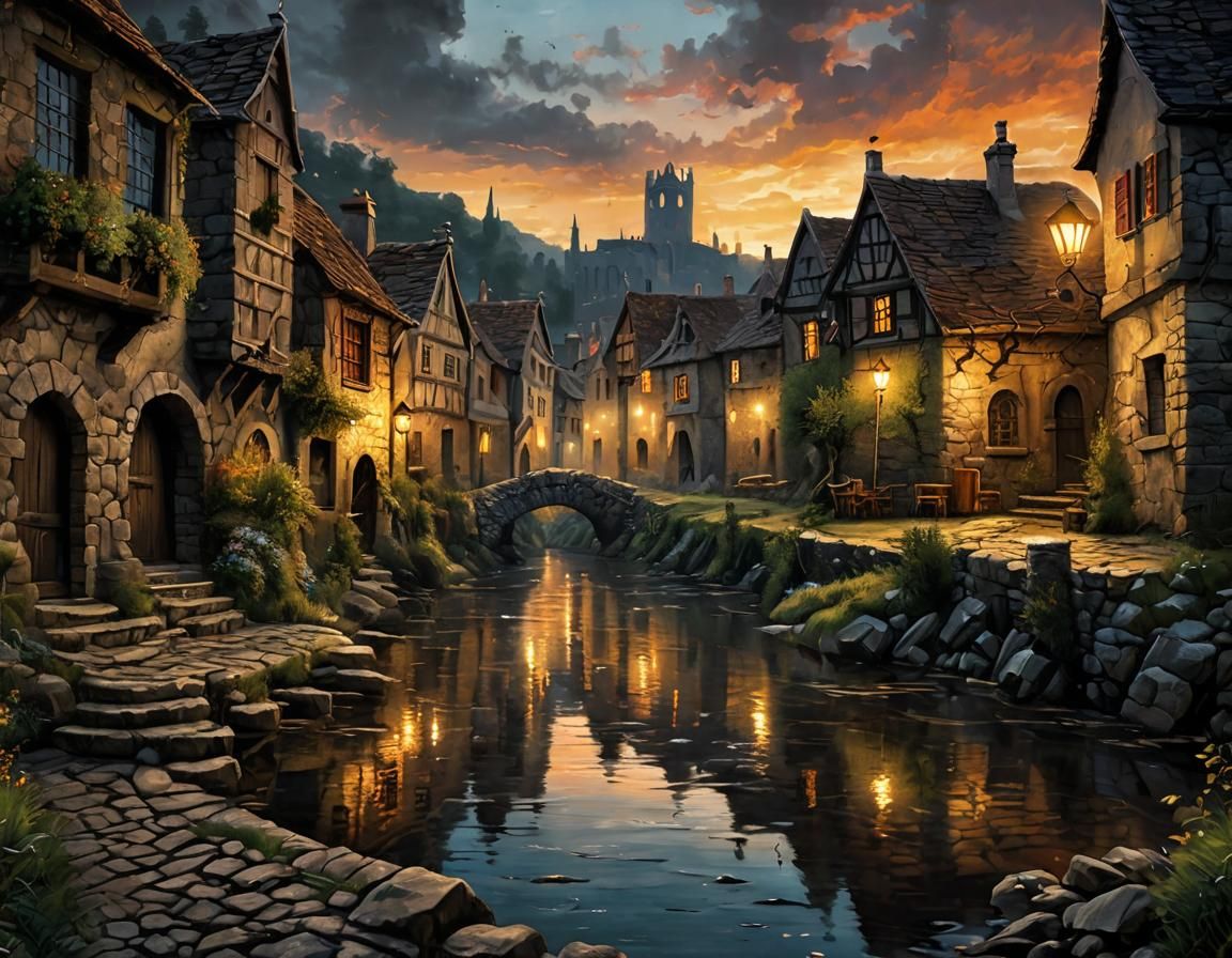 Medieval Town River Crossing: Acrylic Dark Fantasy Art