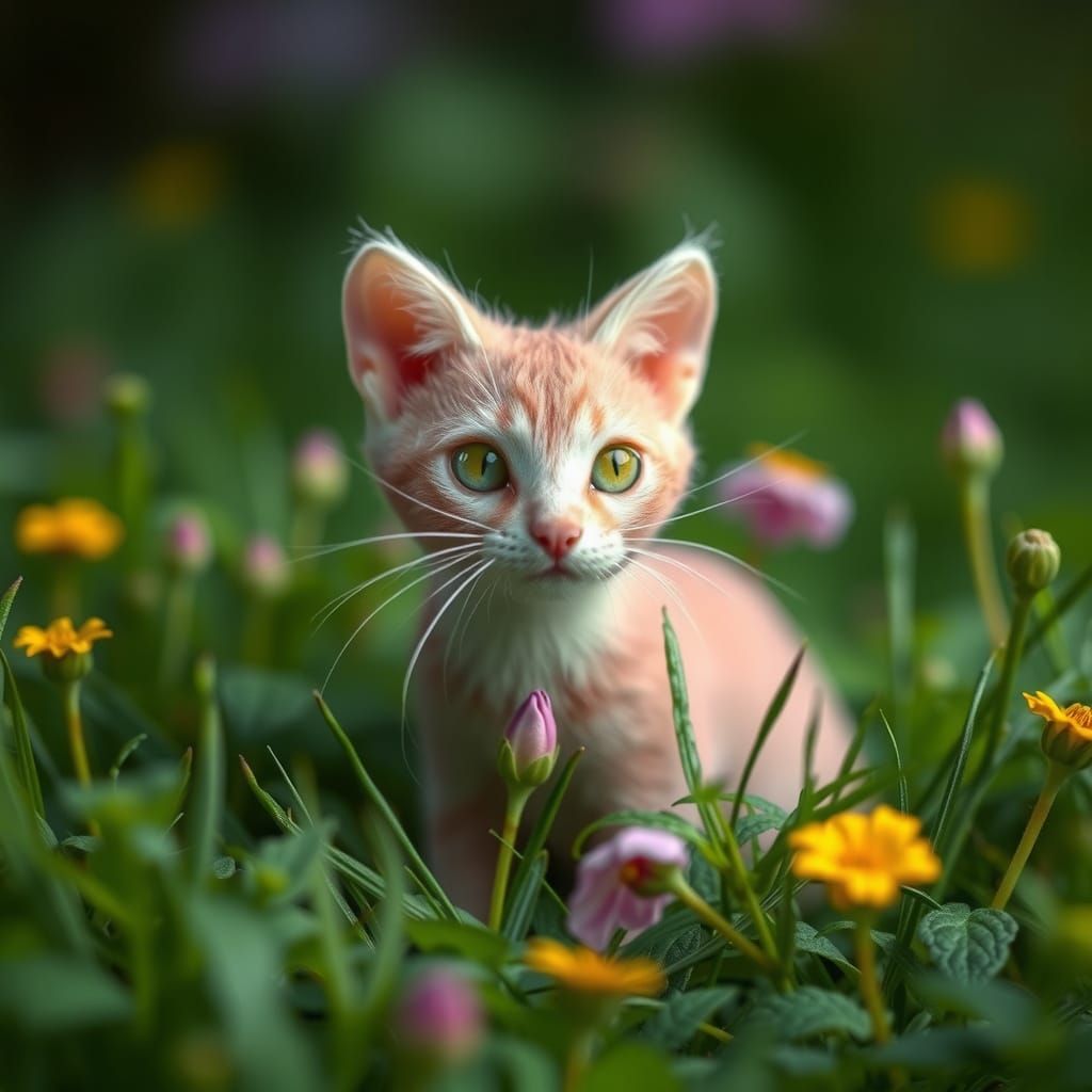 Pink Felt Kitten in Green Meadow, Naive Art
