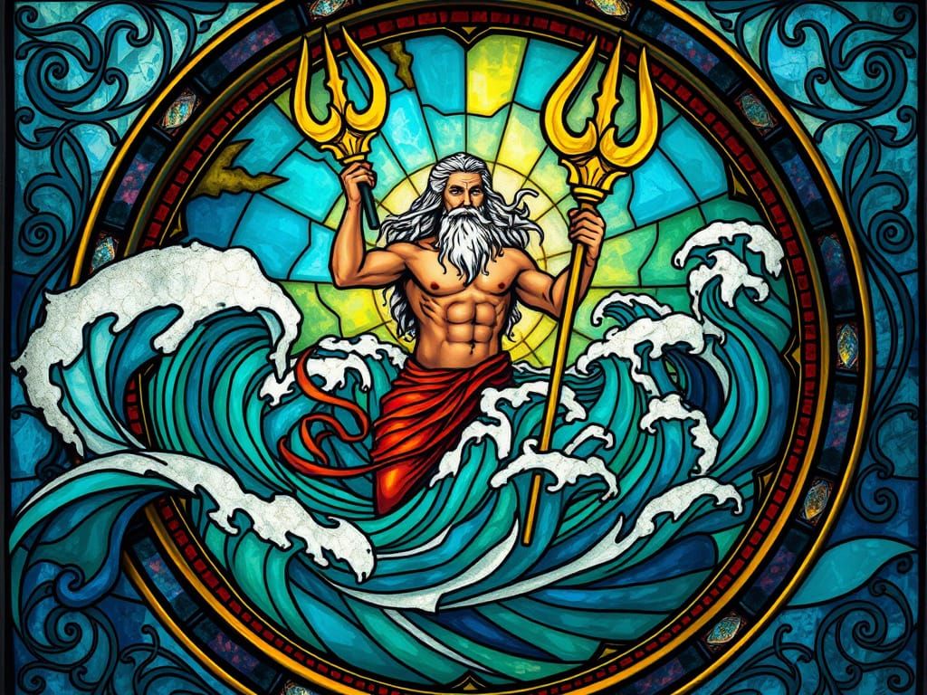 Poseidon in Art Deco Stained Glass with Triton