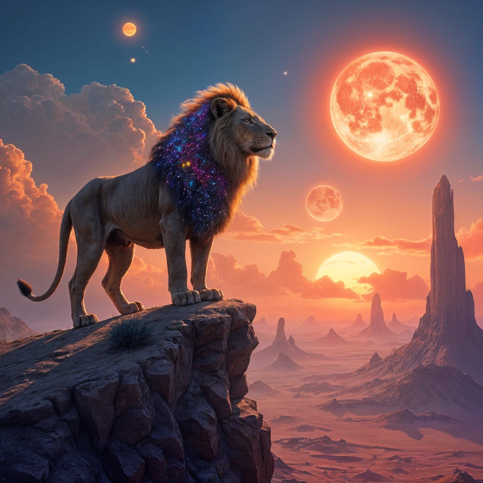 A majestic lion with a flowing mane of stardust stands atop a mesa overlooking a vast, alien desert. Crystalline formati...