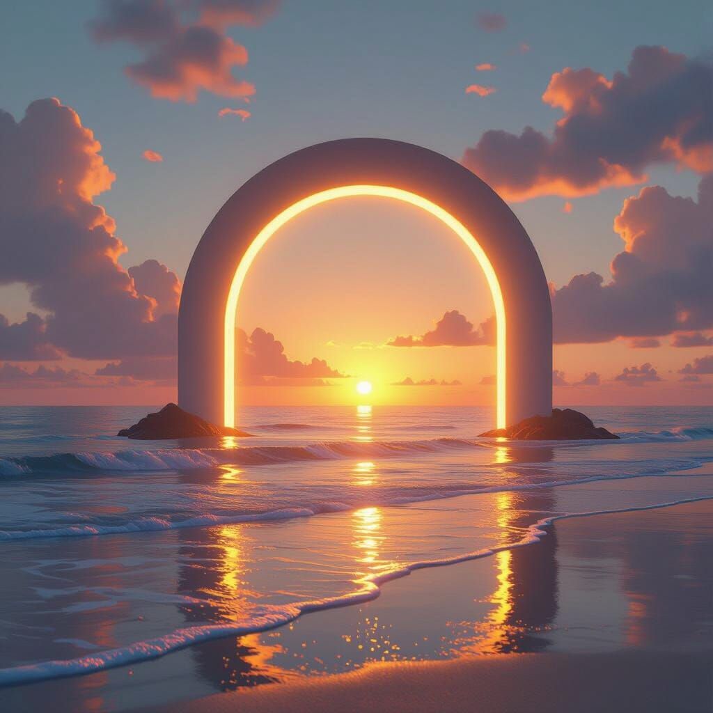 Glowing Archway on a Serene Beach at Sunset