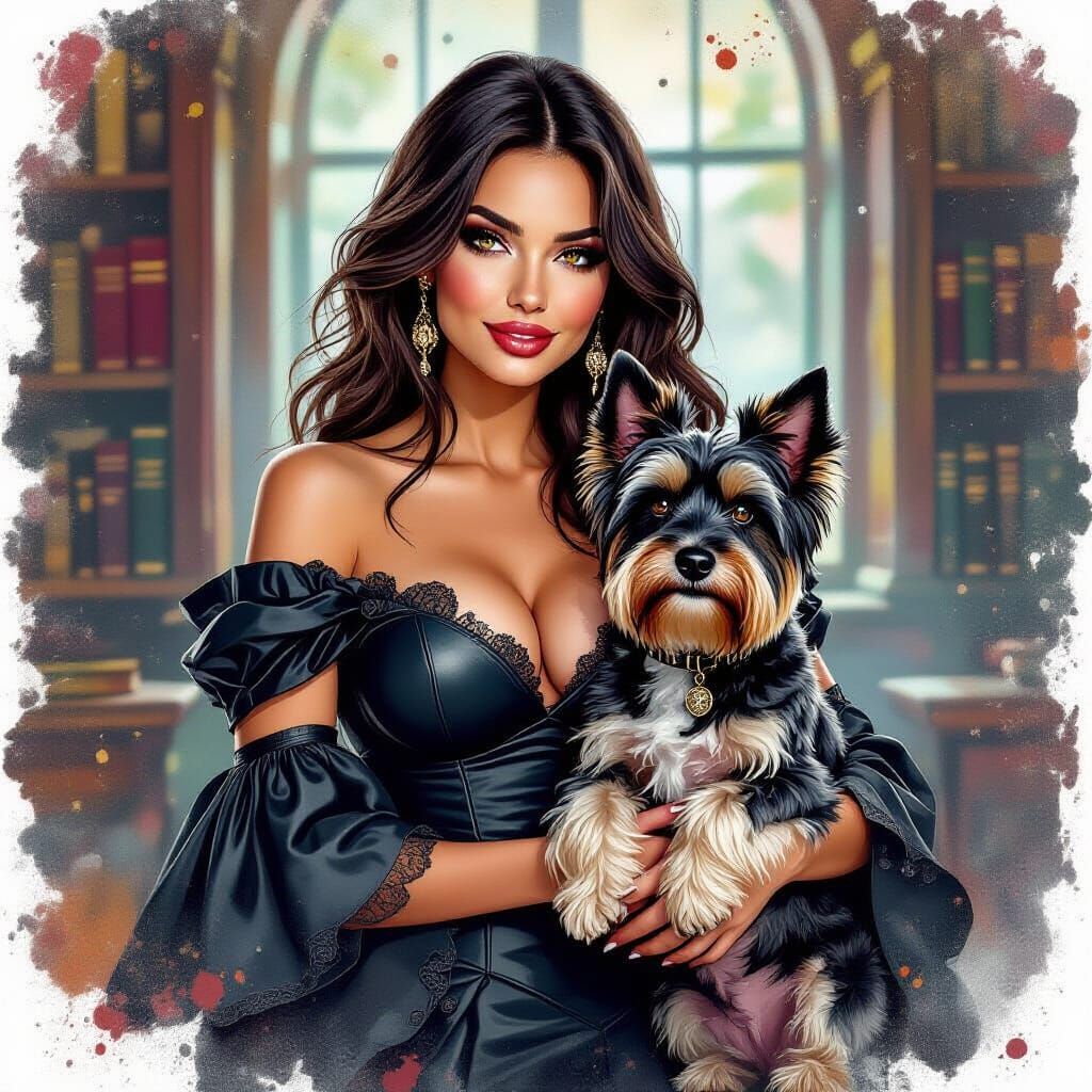 Woman with Terrier in Alcohol Ink Splatter Style