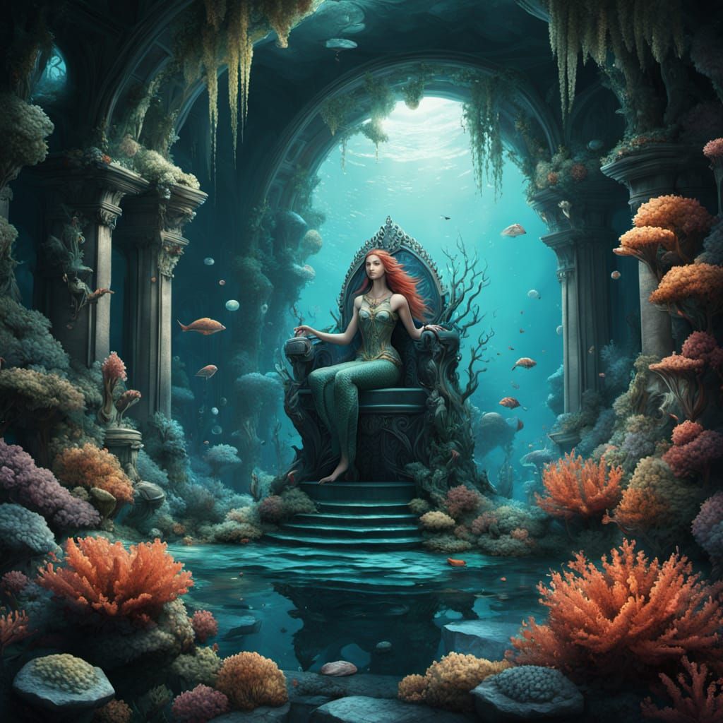 Mermaid Queen in Underwater Grotto, Matte Painting