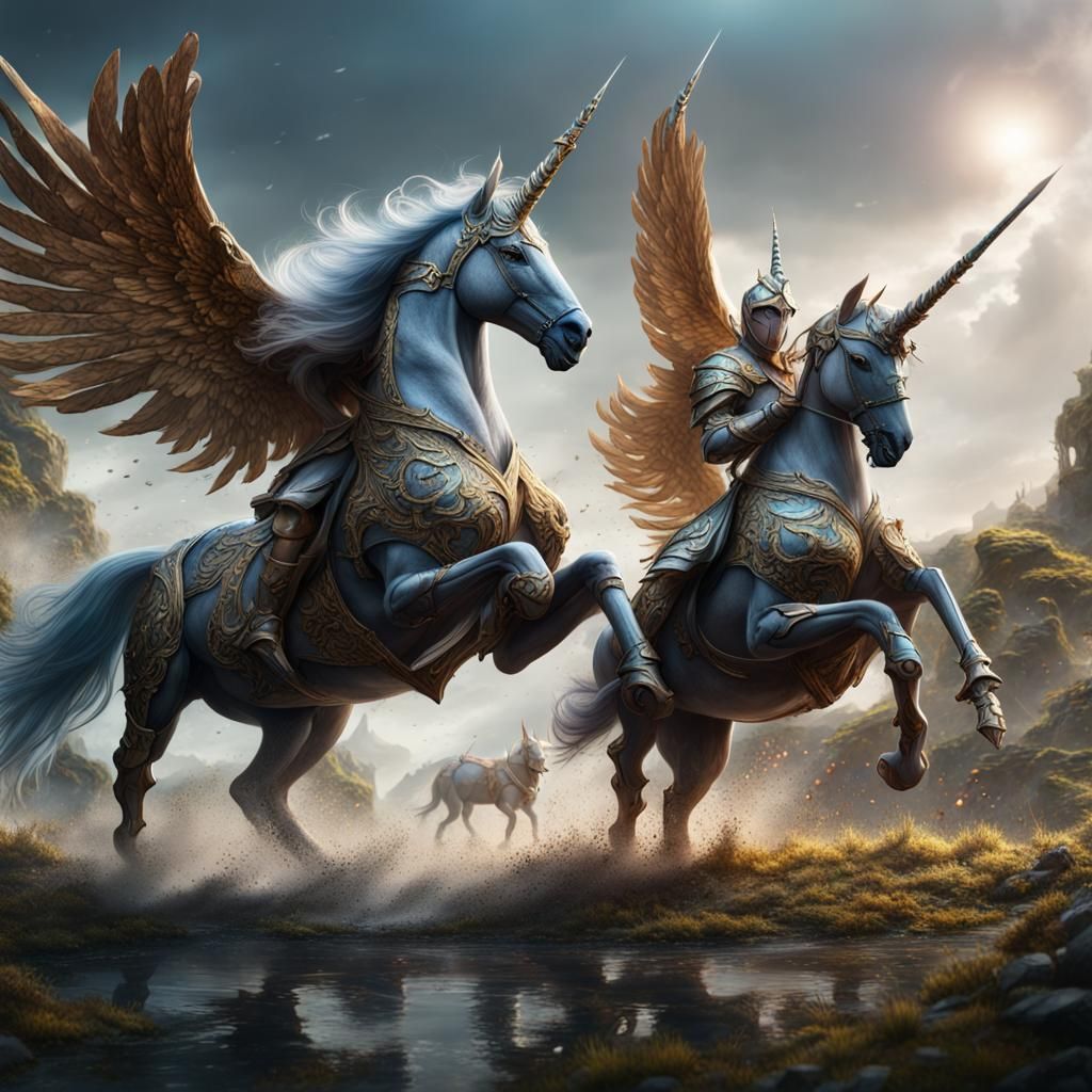Armored Unicorns Clash in Fantasy Battle