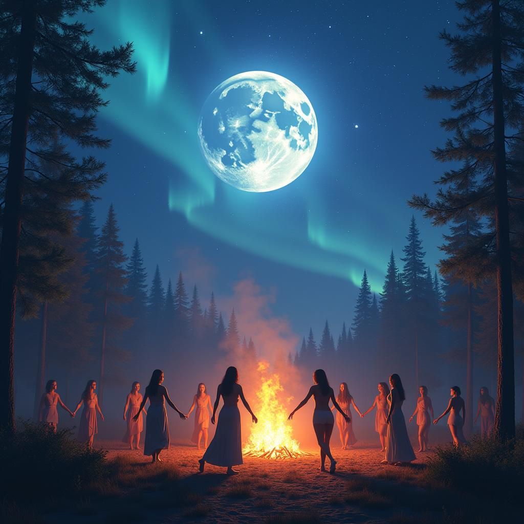 Bonfire Dance: Women Silhouettes under Aurora Borealis