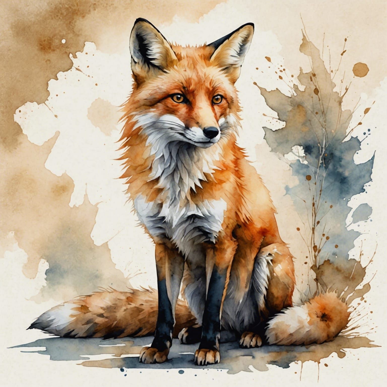 Fox Portrait in Watercolor and Ink Style