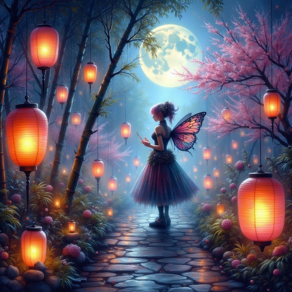 Japanese Garden at Night with Glowing Lanterns