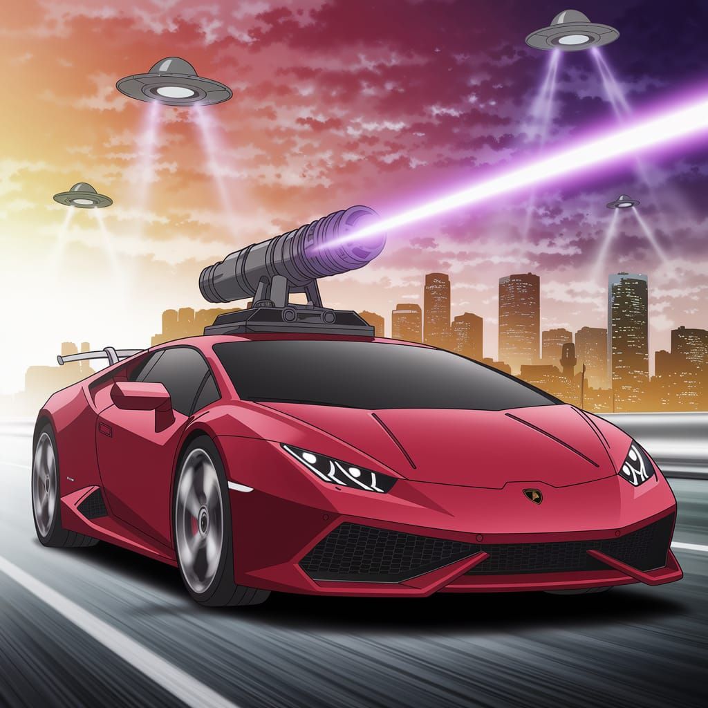 Anime-Style Los Angeles Cityscape with Lamborghini and UFOs