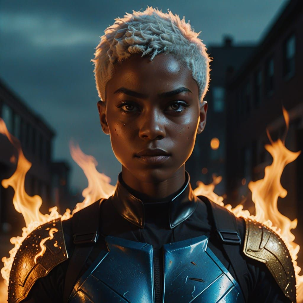 Epic Cinematic Portrait of a Superheroine in Fiery Ice Costu...