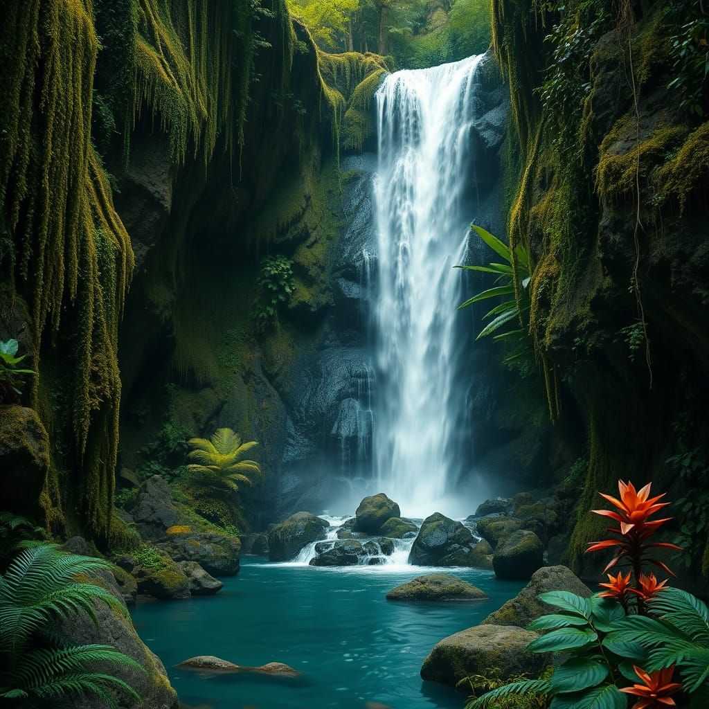 Secluded Jungle Waterfall in Dramatic Arc