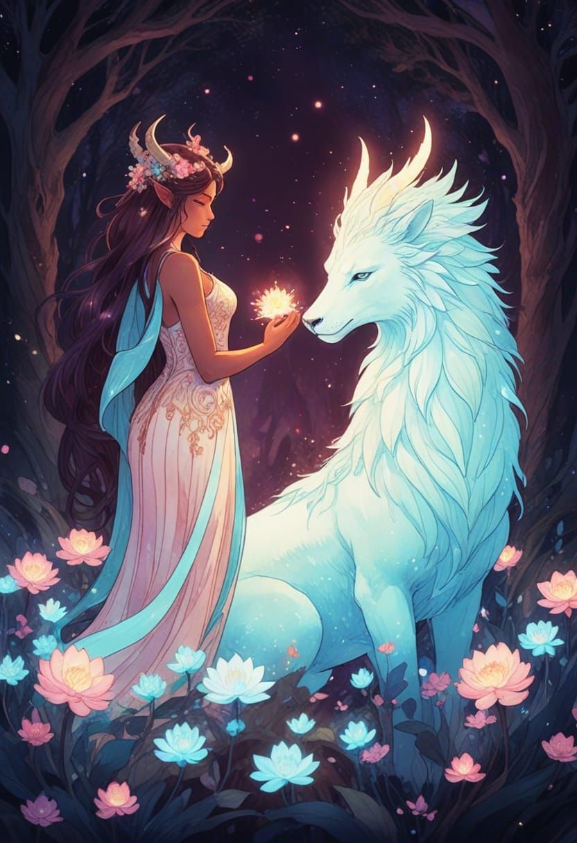 Ethereal Demon Surrounded by Bioluminescent Flowers