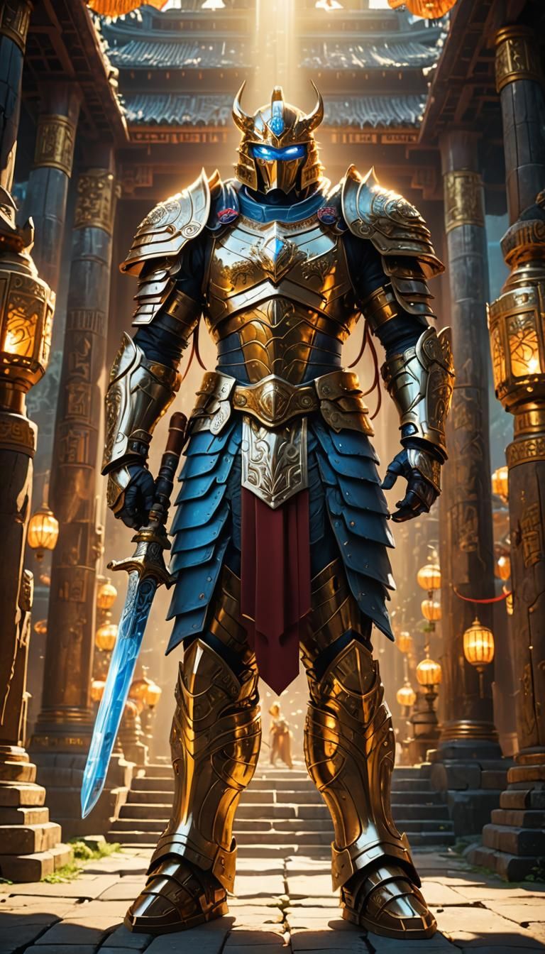 Heroic Anime Warrior in Ancient Temple