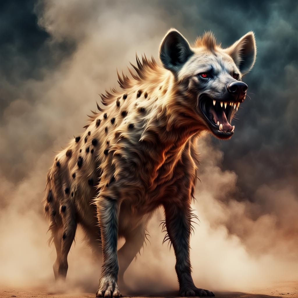 Snarling hyena in a sandstorm