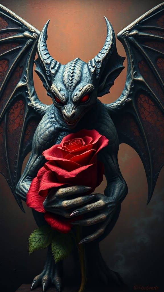 Gargoyle holding a Blood Red Rose Tim Burton contrasting col...