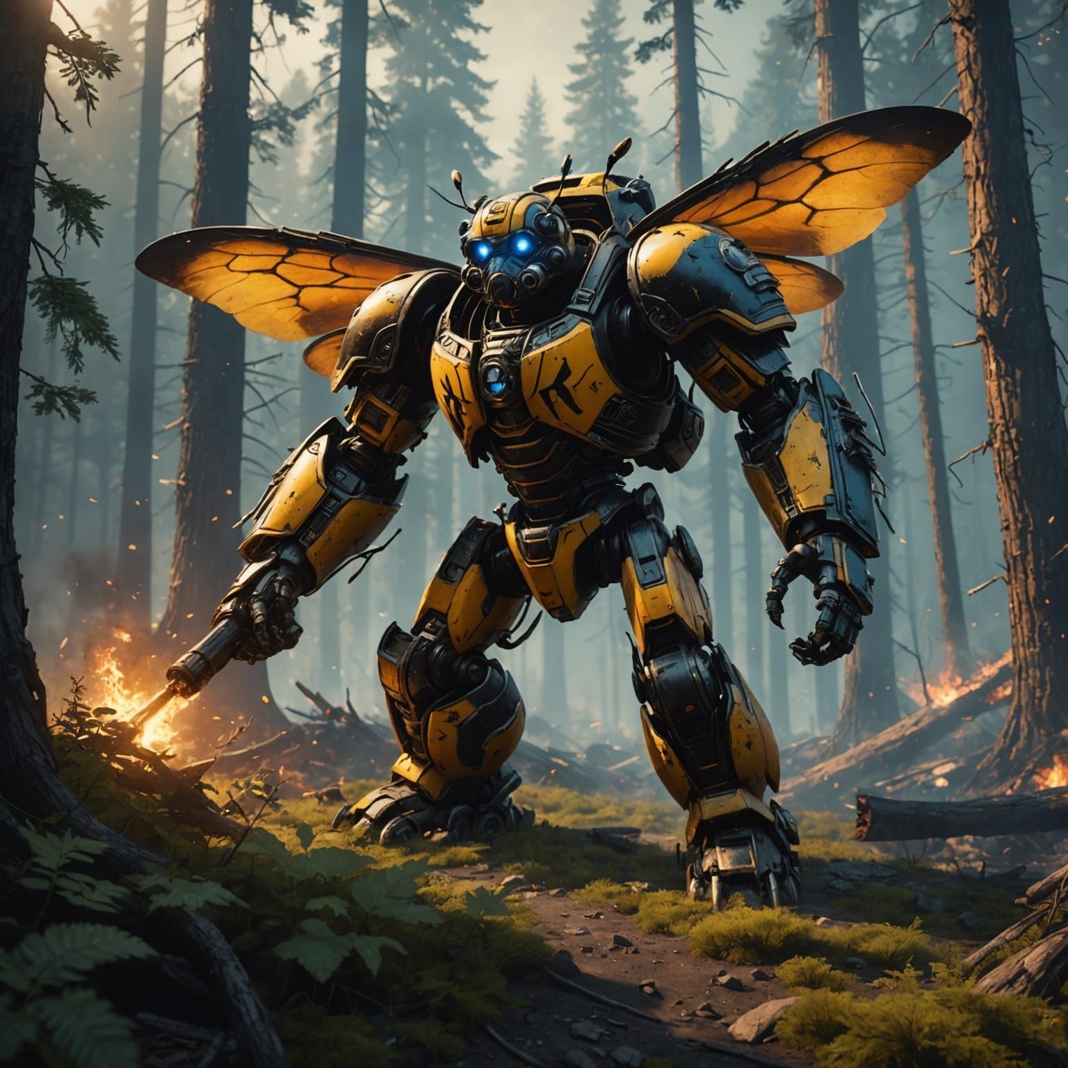 Giant Bumblebees in Forest Fire: Fantasy Concept Art